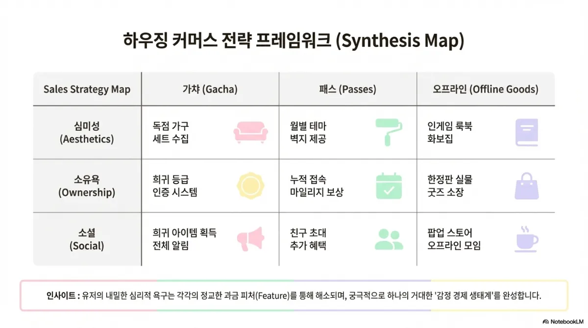 하우징 커머스 전략 프레임워크 표. 심미성(Aesthetics)은 가챠에서 독점 가구 세트 수집, 패스에서 월별 테마 벽지 제공, 오프라인에서 인게임 룩북 화보집. 소유욕(Ownership)은 가챠에서 희귀 등급 인증 시스템, 패스에서 누적 접속 마일리지 보상, 오프라인에서 한정판 실물 굿즈 소장. 소셜(Social)은 가챠에서 희귀 아이템 획득 전체 알림, 패스에서 친구 초대 추가 혜택, 오프라인에서 팝업 스토어와 오프라인 모임. 아래 인사이트는 유저의 심리적 욕구가 각각의 과금 피처를 통해 해소되며 궁극적으로 하나의 감정 경제 생태계를 완성한다는 것