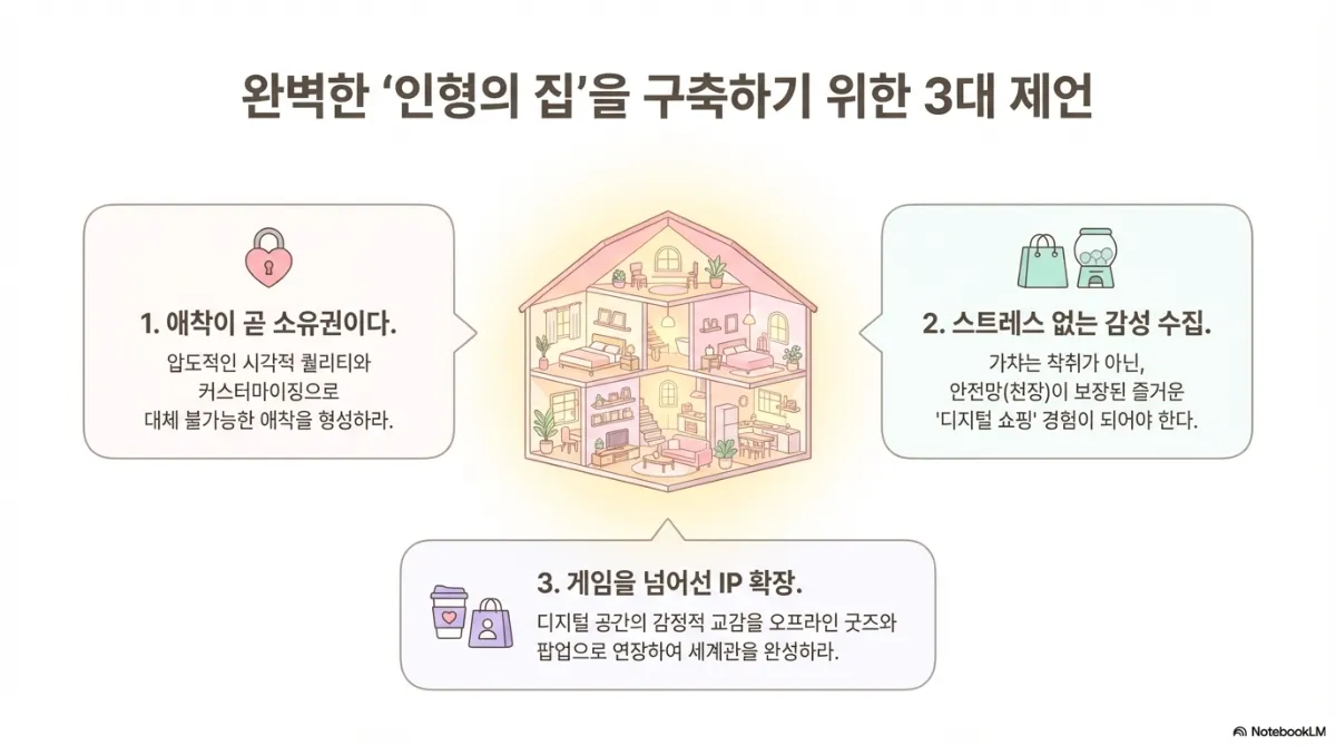 완벽한 인형의 집을 구축하기 위한 3대 제언. 1 애착이 곧 소유권이다 — 압도적인 시각적 퀄리티와 커스터마이징으로 대체 불가능한 애착을 형성하라. 2 스트레스 없는 감성 수집 — 가챠는 착취가 아닌 안전망(천장)이 보장된 즐거운 디지털 쇼핑 경험이 되어야 한다. 3 게임을 넘어선 IP 확장 — 디지털 공간의 감정적 교감을 오프라인 굿즈와 팝업으로 연장하여 세계관을 완성하라