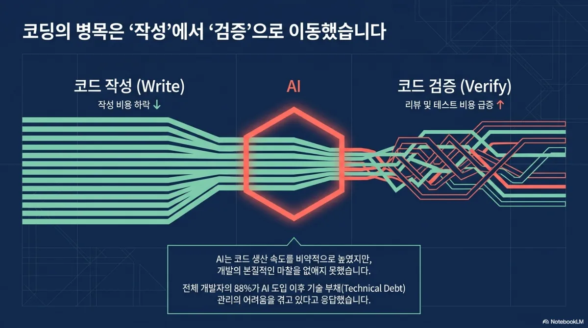 코딩의 병목은 작성에서 검증으로 이동했다는 슬라이드. 왼쪽 코드 작성(Write)은 작성 비용 하락, 가운데 AI 육각형을 지나 오른쪽 코드 검증(Verify)은 리뷰 및 테스트 비용 급증을 뜻하며, 가지런한 초록 선들이 AI를 통과한 뒤 붉은 선과 뒤엉키는 모습. 아래 설명은 AI가 코드 생산 속도를 비약적으로 높였지만 개발의 본질적인 마찰을 없애지는 못했고, 전체 개발자의 88%가 AI 도입 이후 기술 부채 관리의 어려움을 겪고 있다고 응답했다는 것