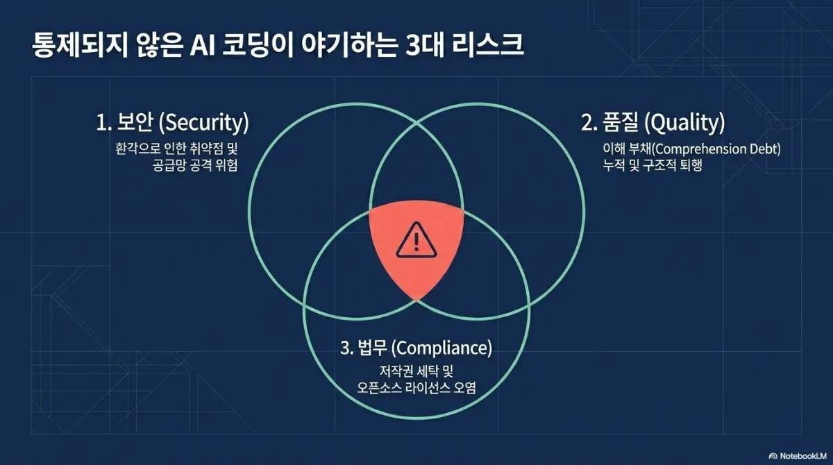 통제되지 않은 AI 코딩이 야기하는 3대 리스크 벤 다이어그램. 1 보안(Security) — 환각으로 인한 취약점 및 공급망 공격 위험. 2 품질(Quality) — 이해 부채(Comprehension Debt) 누적 및 구조적 퇴행. 3 법무(Compliance) — 저작권 세탁 및 오픈소스 라이선스 오염. 세 원이 겹치는 가운데에 경고 표시