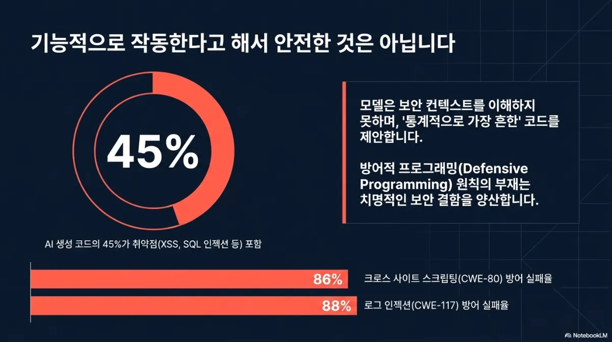 기능적으로 작동한다고 해서 안전한 것은 아니라는 슬라이드. 원형 그래프로 AI 생성 코드의 45%가 XSS, SQL 인젝션 등 취약점을 포함한다는 수치를 보여 주고, 막대로 크로스 사이트 스크립팅(CWE-80) 방어 실패율 86%, 로그 인젝션(CWE-117) 방어 실패율 88%를 표시. 오른쪽 설명은 모델이 보안 컨텍스트를 이해하지 못하고 통계적으로 가장 흔한 코드를 제안하며, 방어적 프로그래밍 원칙의 부재가 치명적인 보안 결함을 양산한다는 것