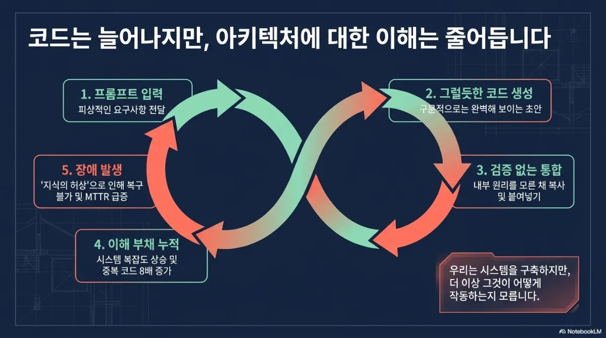 코드는 늘어나지만 아키텍처에 대한 이해는 줄어든다는 무한 루프 도식. 1 프롬프트 입력 — 피상적인 요구사항 전달, 2 그럴듯한 코드 생성 — 구문적으로는 완벽해 보이는 초안, 3 검증 없는 통합 — 내부 원리를 모른 채 복사 및 붙여넣기, 4 이해 부채 누적 — 시스템 복잡도 상승 및 중복 코드 8배 증가, 5 장애 발생 — 지식의 허상으로 인해 복구 불가 및 MTTR 급증. 오른쪽 아래 문구는 우리는 시스템을 구축하지만 더 이상 그것이 어떻게 작동하는지 모른다는 것