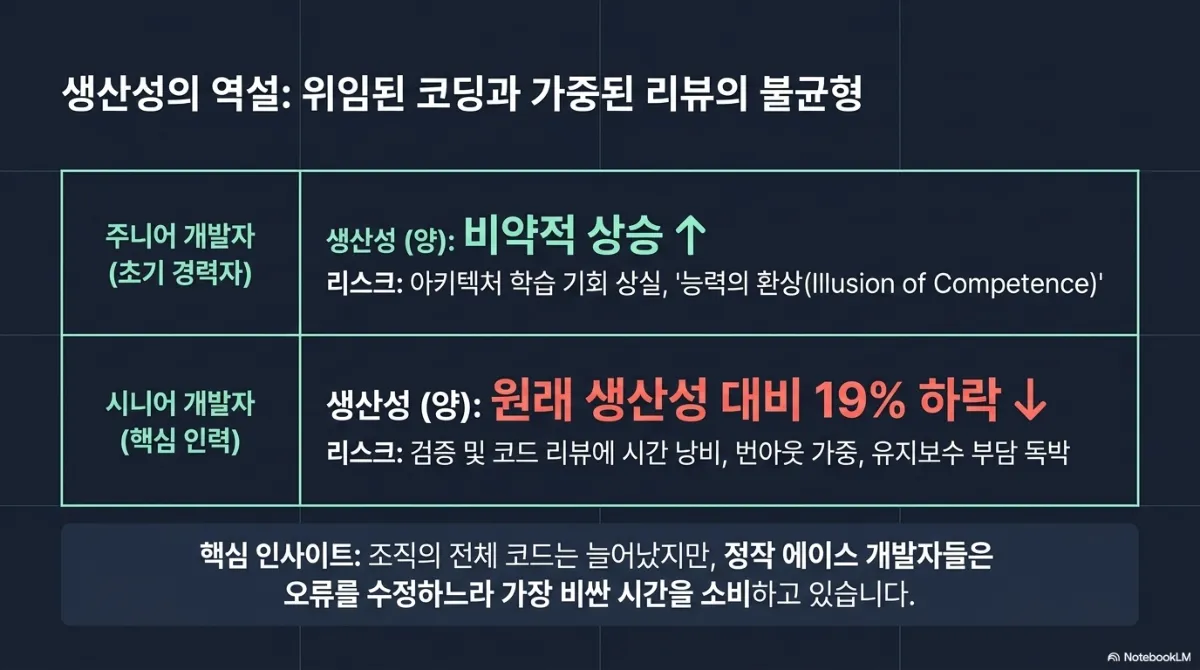 생산성의 역설, 위임된 코딩과 가중된 리뷰의 불균형 표. 주니어 개발자(초기 경력자)는 생산성(양)이 비약적으로 상승하지만 아키텍처 학습 기회 상실과 능력의 환상(Illusion of Competence)이 리스크. 시니어 개발자(핵심 인력)는 생산성(양)이 원래 대비 19% 하락하고 검증 및 코드 리뷰에 시간 낭비, 번아웃 가중, 유지보수 부담 독박이 리스크. 핵심 인사이트는 조직 전체 코드는 늘었지만 정작 에이스 개발자들은 오류를 수정하느라 가장 비싼 시간을 소비하고 있다는 것