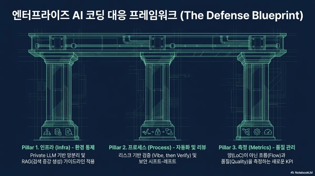 엔터프라이즈 AI 코딩 대응 프레임워크(The Defense Blueprint) 세 기둥 도식. Pillar 1 인프라(Infra) 환경 통제 — Private LLM 기반 망분리 및 RAG(검색 증강 생성) 가이드라인 적용. Pillar 2 프로세스(Process) 자동화 및 리뷰 — 리스크 기반 검증(Vibe, then Verify) 및 보안 시프트-레프트. Pillar 3 측정(Metrics) 품질 관리 — 양(LoC)이 아닌 흐름(Flow)과 품질(Quality)을 측정하는 새로운 KPI