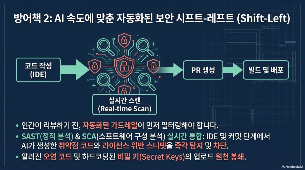 방어책 2 AI 속도에 맞춘 자동화된 보안 시프트-레프트(Shift-Left) 흐름도. 코드 작성(IDE) → 실시간 스캔(Real-time Scan) → PR 생성 → 빌드 및 배포. 인간이 리뷰하기 전에 자동화된 가드레일이 먼저 필터링해야 하며, SAST(정적 분석)와 SCA(소프트웨어 구성 분석)를 실시간 통합해 IDE 및 커밋 단계에서 AI가 생성한 취약점 코드와 라이선스 위반 스니펫을 즉각 탐지·차단하고, 알려진 오염 코드 및 하드코딩된 비밀 키(Secret Keys)의 업로드를 원천 봉쇄한다는 설명