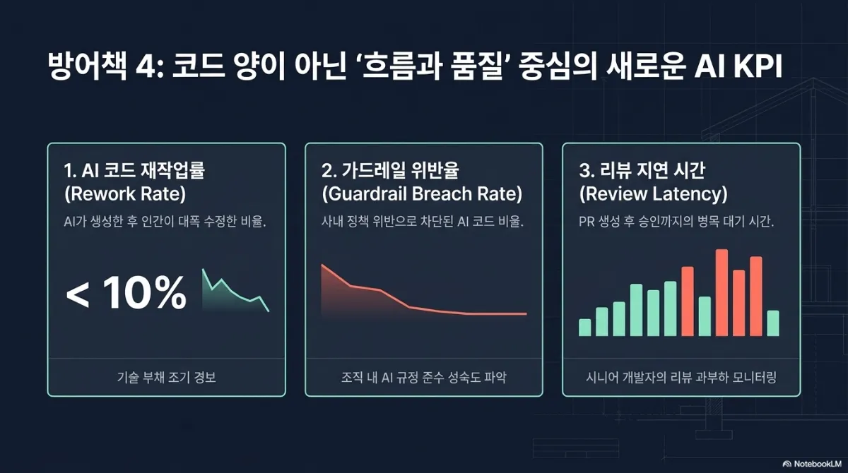 방어책 4 코드 양이 아닌 흐름과 품질 중심의 새로운 AI KPI 카드 세 장. 1 AI 코드 재작업률(Rework Rate) — AI가 생성한 후 인간이 대폭 수정한 비율, 목표 10% 미만, 기술 부채 조기 경보. 2 가드레일 위반율(Guardrail Breach Rate) — 사내 정책 위반으로 차단된 AI 코드 비율, 하락하는 곡선, 조직 내 AI 규정 준수 성숙도 파악. 3 리뷰 지연 시간(Review Latency) — PR 생성 후 승인까지의 병목 대기 시간, 막대그래프, 시니어 개발자의 리뷰 과부하 모니터링