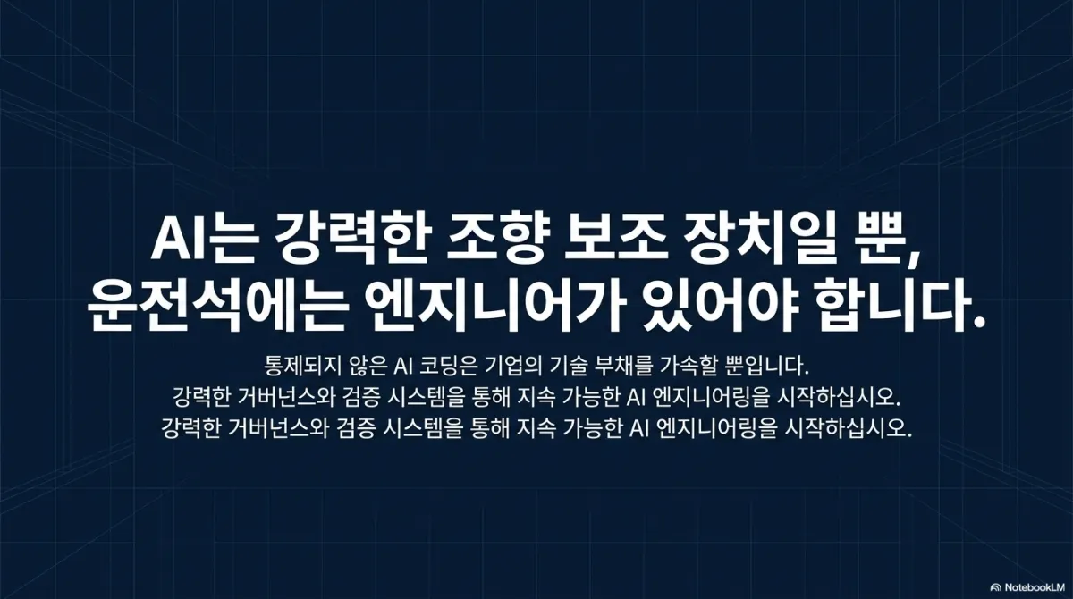 마무리 슬라이드. AI는 강력한 조향 보조 장치일 뿐 운전석에는 엔지니어가 있어야 한다는 문구와 함께, 통제되지 않은 AI 코딩은 기업의 기술 부채를 가속할 뿐이며 강력한 거버넌스와 검증 시스템을 통해 지속 가능한 AI 엔지니어링을 시작하라는 권고