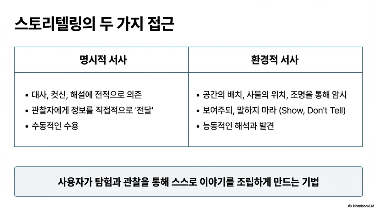 스토리텔링의 두 가지 접근 비교표. 명시적 서사는 대사·컷신·해설에 전적으로 의존하고, 관찰자에게 정보를 직접적으로 전달하며, 수동적인 수용을 만든다. 환경적 서사는 공간의 배치·사물의 위치·조명을 통해 암시하고, 보여주되 말하지 않으며(Show, Don't Tell), 능동적인 해석과 발견을 유도한다. 아래 결론은 사용자가 탐험과 관찰을 통해 스스로 이야기를 조립하게 만드는 기법이라는 것