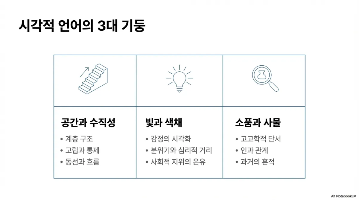 시각적 언어의 3대 기둥 슬라이드. 공간과 수직성(계층 구조, 고립과 통제, 동선과 흐름), 빛과 색채(감정의 시각화, 분위기와 심리적 거리, 사회적 지위의 은유), 소품과 사물(고고학적 단서, 인과 관계, 과거의 흔적). 각각 계단·전구·돋보기 아이콘으로 표현
