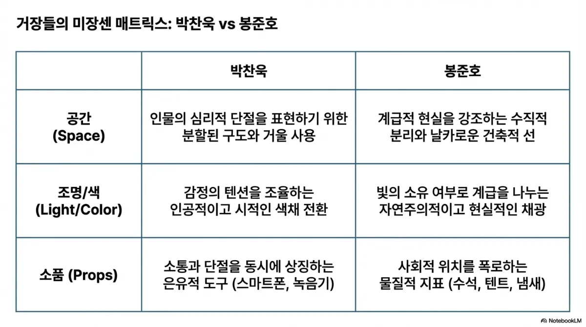 거장들의 미장센 매트릭스 비교표. 공간에서 박찬욱은 인물의 심리적 단절을 표현하기 위한 분할된 구도와 거울 사용, 봉준호는 계급적 현실을 강조하는 수직적 분리와 날카로운 건축적 선. 조명·색에서 박찬욱은 감정의 텐션을 조율하는 인공적이고 시적인 색채 전환, 봉준호는 빛의 소유 여부로 계급을 나누는 자연주의적이고 현실적인 채광. 소품에서 박찬욱은 소통과 단절을 동시에 상징하는 은유적 도구(스마트폰, 녹음기), 봉준호는 사회적 위치를 폭로하는 물질적 지표(수석, 텐트, 냄새)