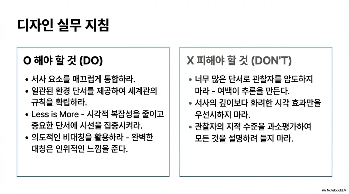 디자인 실무 지침 슬라이드. 해야 할 것 — 서사 요소를 매끄럽게 통합하라, 일관된 환경 단서를 제공하여 세계관의 규칙을 확립하라, Less is More 시각적 복잡성을 줄이고 중요한 단서에 시선을 집중시켜라, 의도적인 비대칭을 활용하라(완벽한 대칭은 인위적인 느낌을 준다). 피해야 할 것 — 너무 많은 단서로 관찰자를 압도하지 마라(여백이 추론을 만든다), 서사의 깊이보다 화려한 시각 효과만을 우선시하지 마라, 관찰자의 지적 수준을 과소평가하여 모든 것을 설명하려 들지 마라