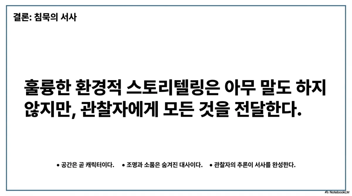 결론 슬라이드. 훌륭한 환경적 스토리텔링은 아무 말도 하지 않지만 관찰자에게 모든 것을 전달한다는 문구. 아래에 공간은 곧 캐릭터이다, 조명과 소품은 숨겨진 대사이다, 관찰자의 추론이 서사를 완성한다는 세 가지 정리