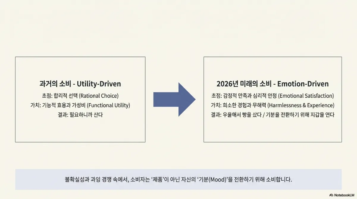 과거의 소비와 미래의 소비 비교 슬라이드. 과거의 소비(Utility-Driven)는 초점이 합리적 선택이고 가치는 기능적 효용과 가성비이며 결과는 필요하니까 산다. 2026년 미래의 소비(Emotion-Driven)는 초점이 감정적 만족과 심리적 안정이고 가치는 희소한 경험과 무해력이며 결과는 우울해서 빵을 샀다처럼 기분을 전환하기 위해 지갑을 여는 것. 아래 문장은 불확실성과 과잉 경쟁 속에서 소비자가 제품이 아닌 자신의 기분을 전환하기 위해 소비한다는 것