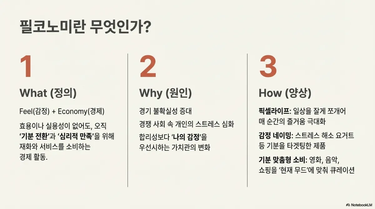 필코노미란 무엇인가 슬라이드. 1 What 정의 — Feel(감정) + Economy(경제)로, 효용이나 실용성이 없어도 오직 기분 전환과 심리적 만족을 위해 재화와 서비스를 소비하는 경제 활동. 2 Why 원인 — 경기 불확실성 증대, 경쟁 사회 속 개인의 스트레스 심화, 합리성보다 나의 감정을 우선시하는 가치관의 변화. 3 How 양상 — 픽셀라이프(일상을 잘게 쪼개어 매 순간의 즐거움 극대화), 감정 네이밍(스트레스 해소 요거트 등 기분을 타겟팅한 제품), 기분 맞춤형 소비(영화·음악·쇼핑을 현재 무드에 맞춰 큐레이션)