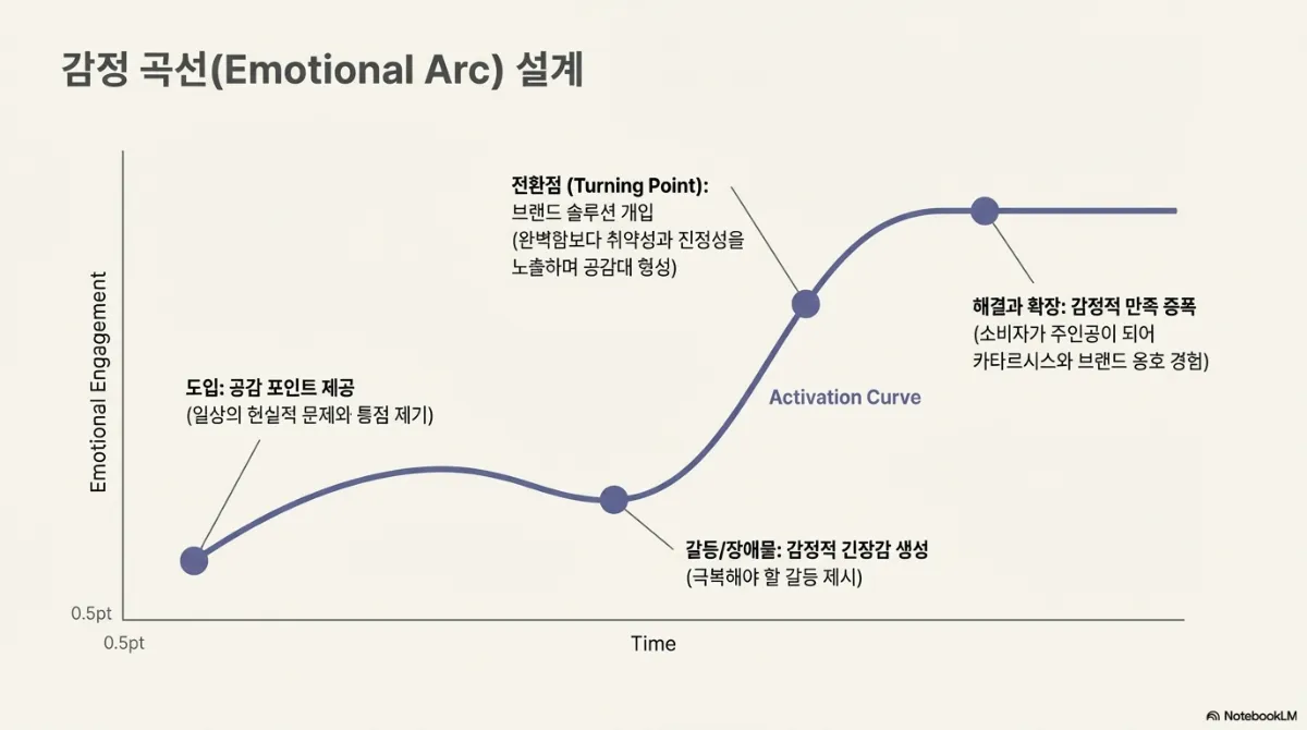 감정 곡선(Emotional Arc) 설계 그래프. 도입은 공감 포인트 제공(일상의 현실적 문제와 통점 제기), 다음은 갈등·장애물로 감정적 긴장감 생성(극복해야 할 갈등 제시), 전환점은 브랜드 솔루션 개입(완벽함보다 취약성과 진정성을 노출하며 공감대 형성), 마지막은 해결과 확장으로 감정적 만족 증폭(소비자가 주인공이 되어 카타르시스와 브랜드 옹호 경험)