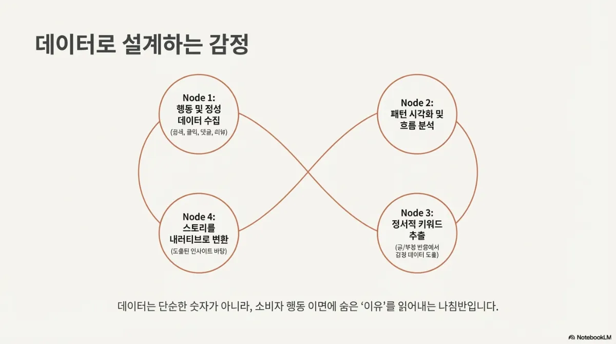 데이터로 설계하는 감정 도식. Node 1 행동 및 정성 데이터 수집(검색, 클릭, 댓글, 리뷰) → Node 2 패턴 시각화 및 흐름 분석 → Node 3 정서적 키워드 추출(긍·부정 반응에서 감정 데이터 도출) → Node 4 스토리를 내러티브로 변환(도출된 인사이트 바탕). 아래 문장은 데이터가 단순한 숫자가 아니라 소비자 행동 이면에 숨은 이유를 읽어내는 나침반이라는 것