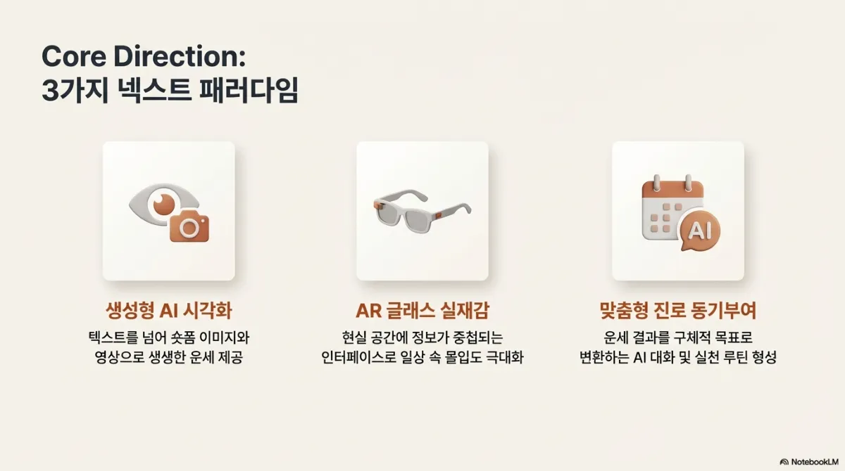 Core Direction 슬라이드. 생성형 AI 시각화(텍스트를 넘어 숏폼 이미지와 영상으로 생생한 운세 제공), AR 글래스 실재감(현실 공간에 정보가 중첩되는 인터페이스로 일상 속 몰입도 극대화), 맞춤형 진로 동기부여(운세 결과를 구체적 목표로 변환하는 AI 대화 및 실천 루틴 형성)