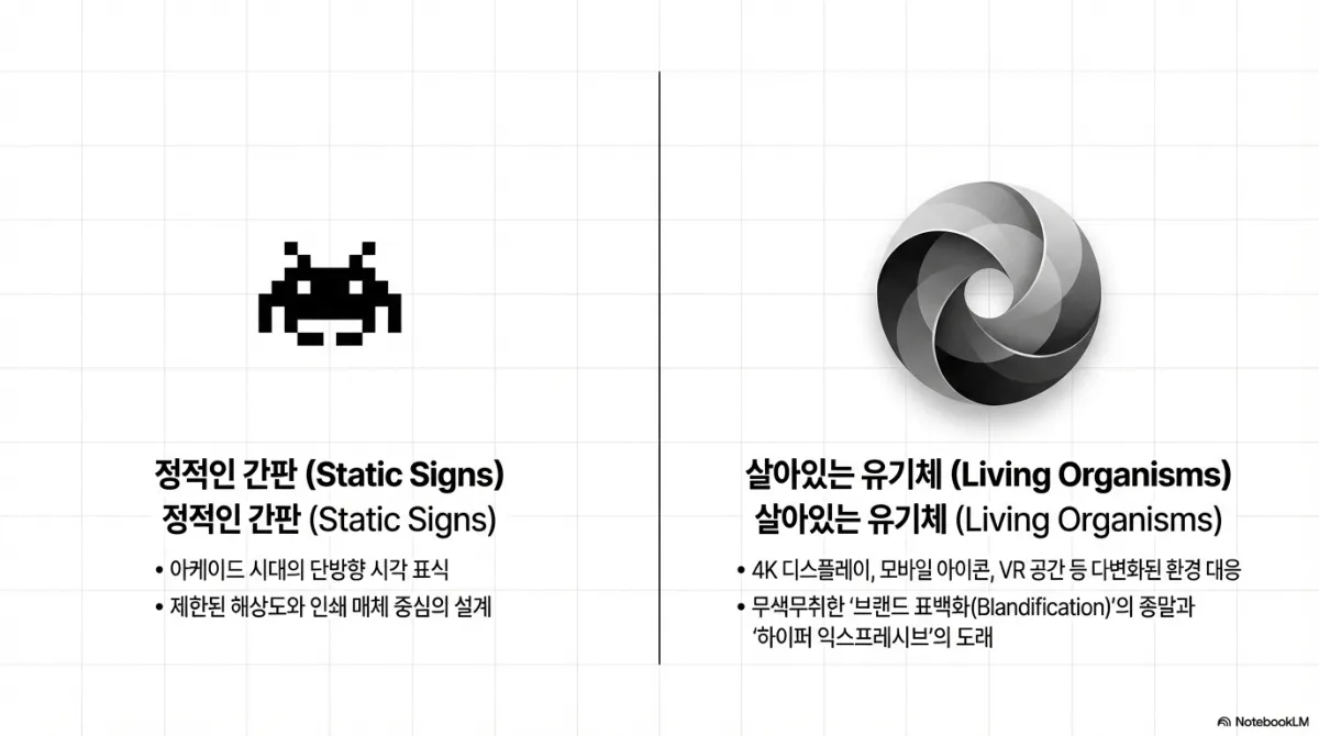 정적인 간판과 살아있는 유기체 비교 슬라이드. 왼쪽 정적인 간판(Static Signs)은 아케이드 시대의 단방향 시각 표식이며 제한된 해상도와 인쇄 매체 중심의 설계. 오른쪽 살아있는 유기체(Living Organisms)는 4K 디스플레이·모바일 아이콘·VR 공간 등 다변화된 환경에 대응하며, 무색무취한 브랜드 표백화의 종말과 하이퍼 익스프레시브의 도래를 보여 준다