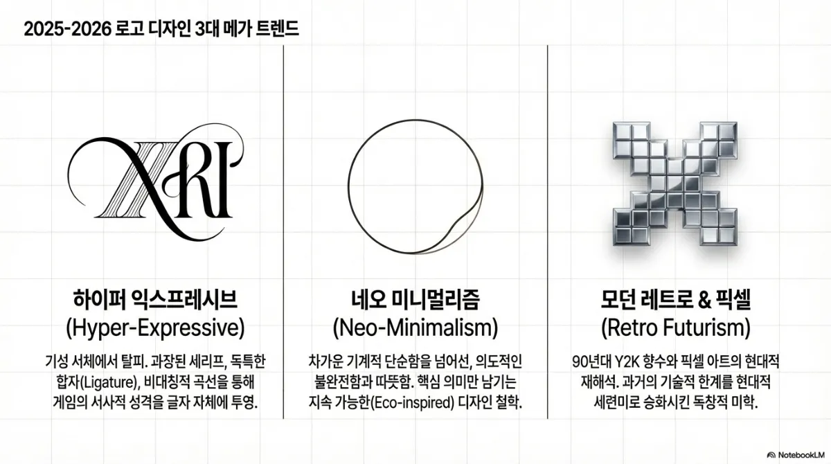 2025-2026 로고 디자인 3대 메가 트렌드. 하이퍼 익스프레시브(Hyper-Expressive) — 기성 서체에서 탈피해 과장된 세리프, 독특한 합자, 비대칭적 곡선을 통해 게임의 서사적 성격을 글자 자체에 투영. 네오 미니멀리즘(Neo-Minimalism) — 차가운 기계적 단순함을 넘어선 의도적인 불완전함과 따뜻함, 핵심 의미만 남기는 지속 가능한 디자인 철학. 모던 레트로 & 픽셀(Retro Futurism) — 90년대 Y2K 향수와 픽셀 아트의 현대적 재해석, 과거의 기술적 한계를 현대적 세련미로 승화시킨 미학