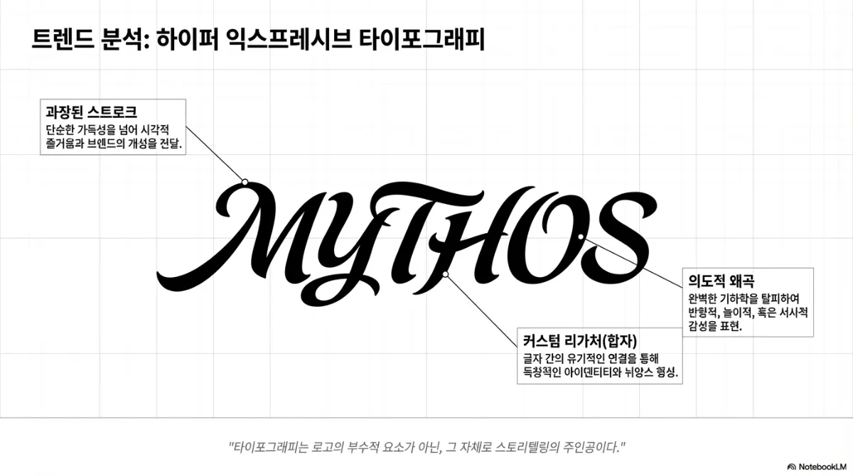 하이퍼 익스프레시브 타이포그래피 분석 슬라이드. 곡선이 강조된 필기체 워드마크 예시와 함께, 과장된 스트로크는 단순한 가독성을 넘어 시각적 즐거움과 브랜드의 개성을 전달하고, 커스텀 리가처(합자)는 글자 간의 유기적인 연결을 통해 독창적인 아이덴티티와 뉘앙스를 형성하며, 의도적 왜곡은 완벽한 기하학을 탈피하여 반항적이거나 서사적인 감성을 표현한다는 설명. 아래 문구는 타이포그래피가 로고의 부수적 요소가 아니라 그 자체로 스토리텔링의 주인공이라는 것