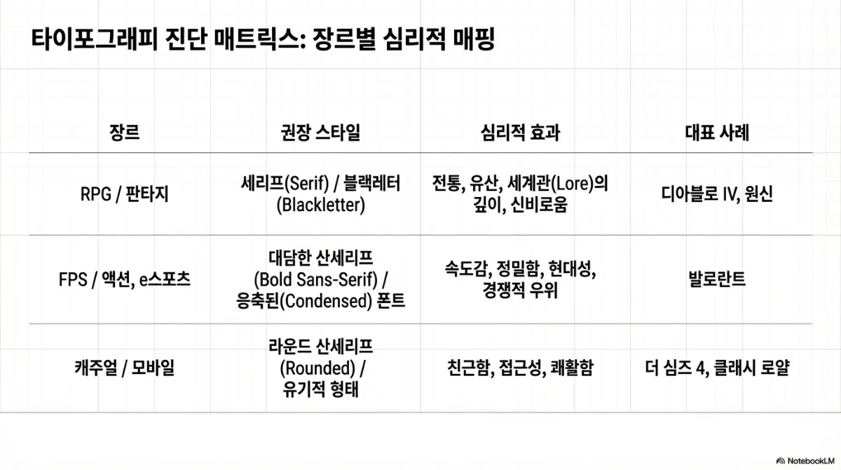 타이포그래피 진단 매트릭스. RPG·판타지 장르는 세리프 또는 블랙레터가 권장되며 전통·유산·세계관의 깊이·신비로움이라는 심리적 효과를 낸다. FPS·액션·e스포츠 장르는 대담한 산세리프 또는 응축된 폰트가 권장되며 속도감·정밀함·현대성·경쟁적 우위를 전달한다. 캐주얼·모바일 장르는 라운드 산세리프 또는 유기적 형태가 권장되며 친근함·접근성·쾌활함을 전달한다
