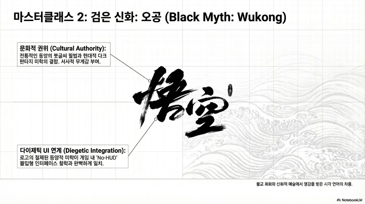 마스터클래스 2 사례. 문화적 권위(Cultural Authority) — 전통적인 동양의 붓글씨 필법과 현대적 다크 판타지 미학의 결합으로 서사적 무게감을 부여. 다이제틱 UI 연계(Diegetic Integration) — 로고의 절제된 동양적 미학이 게임 내 No-HUD 몰입형 인터페이스 철학과 일치. 배경에 파도 문양의 전통 회화가 깔려 있다