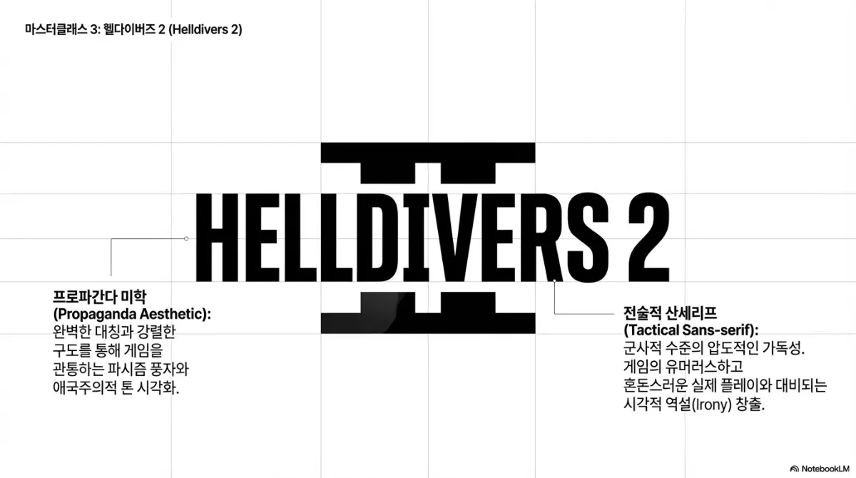 마스터클래스 3 사례. 프로파간다 미학(Propaganda Aesthetic) — 완벽한 대칭과 강렬한 구도를 통해 게임을 관통하는 풍자와 애국주의적 톤을 시각화. 전술적 산세리프(Tactical Sans-serif) — 군사적 수준의 압도적인 가독성으로, 게임의 유머러스하고 혼돈스러운 실제 플레이와 대비되는 시각적 역설을 창출