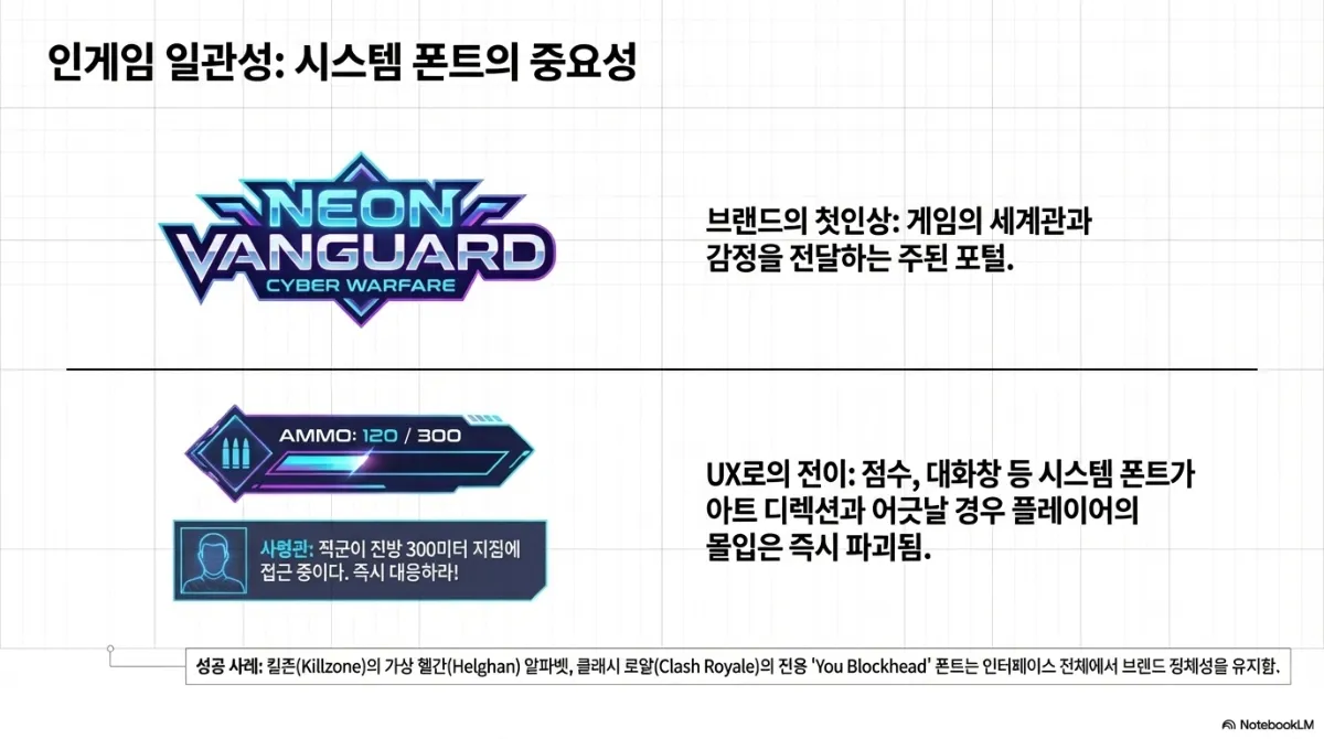 인게임 일관성 슬라이드. 위에는 네온 스타일의 게임 로고, 아래에는 같은 스타일의 탄약 표시와 대사창 UI. 브랜드의 첫인상은 게임의 세계관과 감정을 전달하는 주된 포털이며, UX로의 전이에서 점수·대화창 등 시스템 폰트가 아트 디렉션과 어긋날 경우 플레이어의 몰입은 즉시 파괴된다는 설명. 성공 사례로 전용 폰트를 인터페이스 전체에 적용해 브랜드 정체성을 유지한 게임들이 언급된다