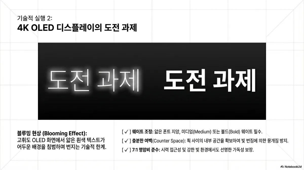 4K OLED 디스플레이의 도전 과제 슬라이드. 왼쪽에 빛이 번져 뭉개진 얇은 흰 글자, 오른쪽에 선명한 굵은 글자 비교. 블루밍 현상은 고휘도 OLED 화면에서 얇은 흰색 텍스트가 어두운 배경을 침범하며 번지는 기술적 한계라는 설명. 대응책으로 웨이트 조정(얇은 폰트 지양, 미디엄 또는 볼드 웨이트 필수), 충분한 여백(획 사이의 내부 공간을 확보하여 빛 번짐에 의한 뭉개짐 방지), 7:1 명암비 준수(시력 접근성 및 강한 빛 환경에서도 선명한 가독성 보장)