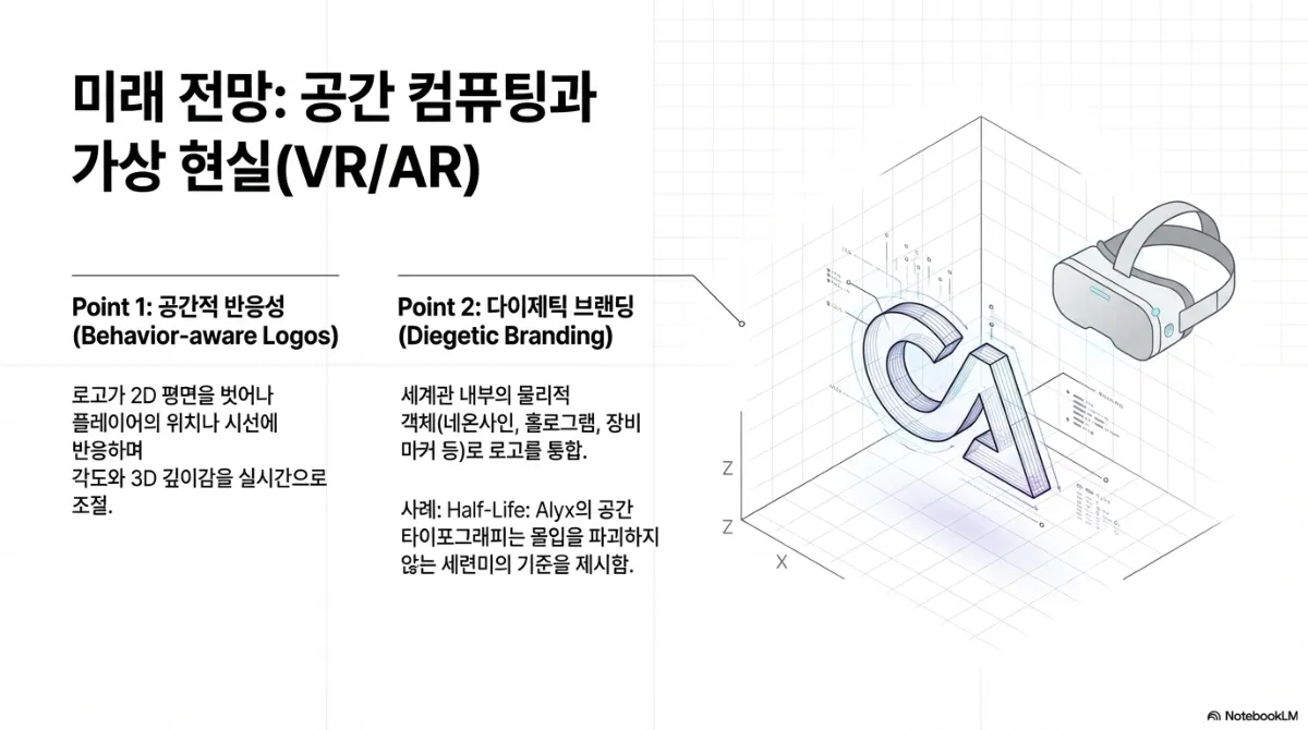 미래 전망 공간 컴퓨팅과 VR/AR 슬라이드. Point 1 공간적 반응성(Behavior-aware Logos) — 로고가 2D 평면을 벗어나 플레이어의 위치나 시선에 반응하며 각도와 3D 깊이감을 실시간으로 조절. Point 2 다이제틱 브랜딩(Diegetic Branding) — 세계관 내부의 물리적 객체(네온사인, 홀로그램, 장비 마커 등)로 로고를 통합하며, 공간 타이포그래피가 몰입을 파괴하지 않는 세련미의 기준을 제시한 사례가 있다는 설명