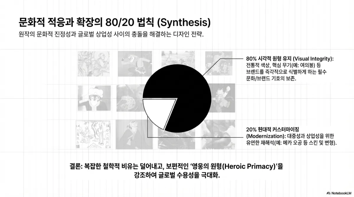 문화적 적응과 확장의 80/20 법칙 슬라이드. 원작의 문화적 진정성과 글로벌 상업성 사이의 충돌을 해결하는 디자인 전략으로, 80%는 시각적 원형 유지(전통적 색상, 핵심 무기 등 브랜드를 즉각적으로 식별하게 하는 필수 문화·브랜드 기호의 보존), 20%는 현대적 커스터마이징(대중성과 상업성을 위한 유연한 재해석). 결론은 복잡한 철학적 비유는 덜어내고 보편적인 영웅의 원형을 강조하여 글로벌 수용성을 극대화하라는 것