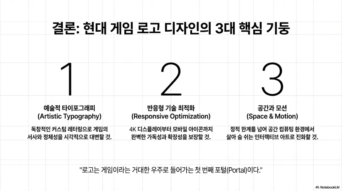 결론 슬라이드. 현대 게임 로고 디자인의 3대 핵심 기둥 — 1 예술적 타이포그래피(독창적인 커스텀 레터링으로 게임의 서사와 정체성을 시각적으로 대변할 것), 2 반응형 기술 최적화(4K 디스플레이부터 모바일 아이콘까지 완벽한 가독성과 확장성을 보장할 것), 3 공간과 모션(정적 한계를 넘어 공간 컴퓨팅 환경에서 살아 숨 쉬는 인터랙티브 아트로 진화할 것). 아래 문구는 로고가 게임이라는 우주로 들어가는 첫 번째 포털이라는 것