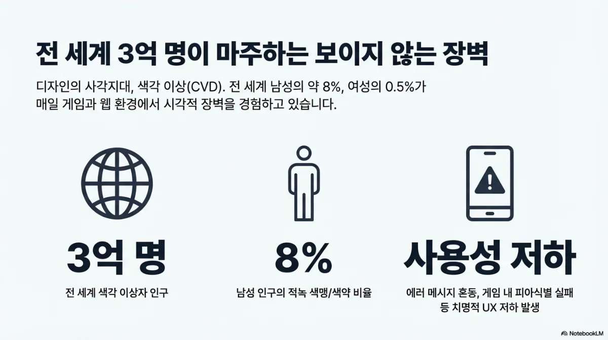 전 세계 3억 명이 마주하는 보이지 않는 장벽 슬라이드. 디자인의 사각지대인 색각 이상(CVD)으로 전 세계 남성의 약 8%, 여성의 0.5%가 매일 게임과 웹에서 시각적 장벽을 경험한다는 설명. 세 지표 — 3억 명(전 세계 색각 이상자 인구), 8%(남성 인구의 적록 색맹·색약 비율), 사용성 저하(에러 메시지 혼동, 게임 내 피아식별 실패 등 치명적 UX 저하 발생)