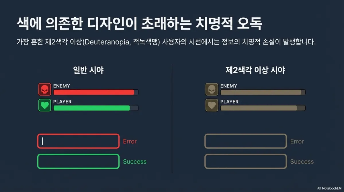 색에 의존한 디자인이 초래하는 오독 슬라이드. 왼쪽 일반 시야에서는 빨간 ENEMY 체력바와 초록 PLAYER 체력바, 빨간 Error 입력창과 초록 Success 입력창이 구분된다. 오른쪽 제2색각 이상 시야에서는 네 요소가 모두 비슷한 갈색으로 보여 구분되지 않는다
