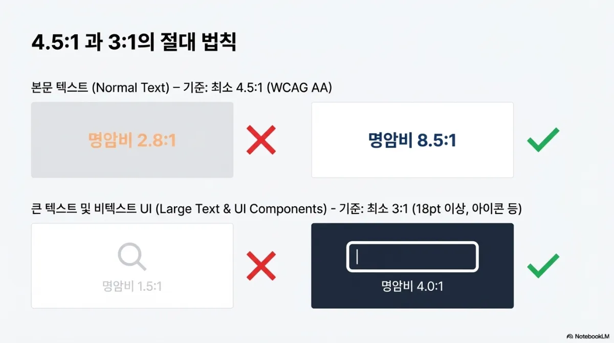 4.5:1과 3:1의 절대 법칙 슬라이드. 위쪽 본문 텍스트는 명암비 2.8:1이 실패, 8.5:1이 통과. 아래쪽 큰 텍스트 및 비텍스트 UI는 명암비 1.5:1이 실패, 4.0:1이 통과. 기준은 WCAG AA