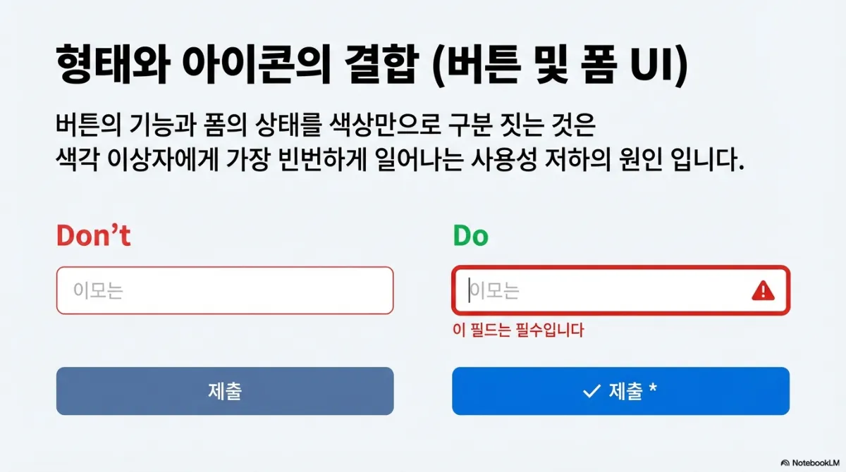 형태와 아이콘의 결합 슬라이드. 버튼의 기능과 폼의 상태를 색상만으로 구분하는 것이 색각 이상자에게 가장 빈번한 사용성 저하 원인이라는 설명. Don't 쪽은 테두리 색만 붉은 입력창과 색으로만 구분된 제출 버튼, Do 쪽은 경고 아이콘과 '이 필드는 필수입니다' 문구가 함께 있는 입력창과 체크 아이콘이 붙은 제출 버튼