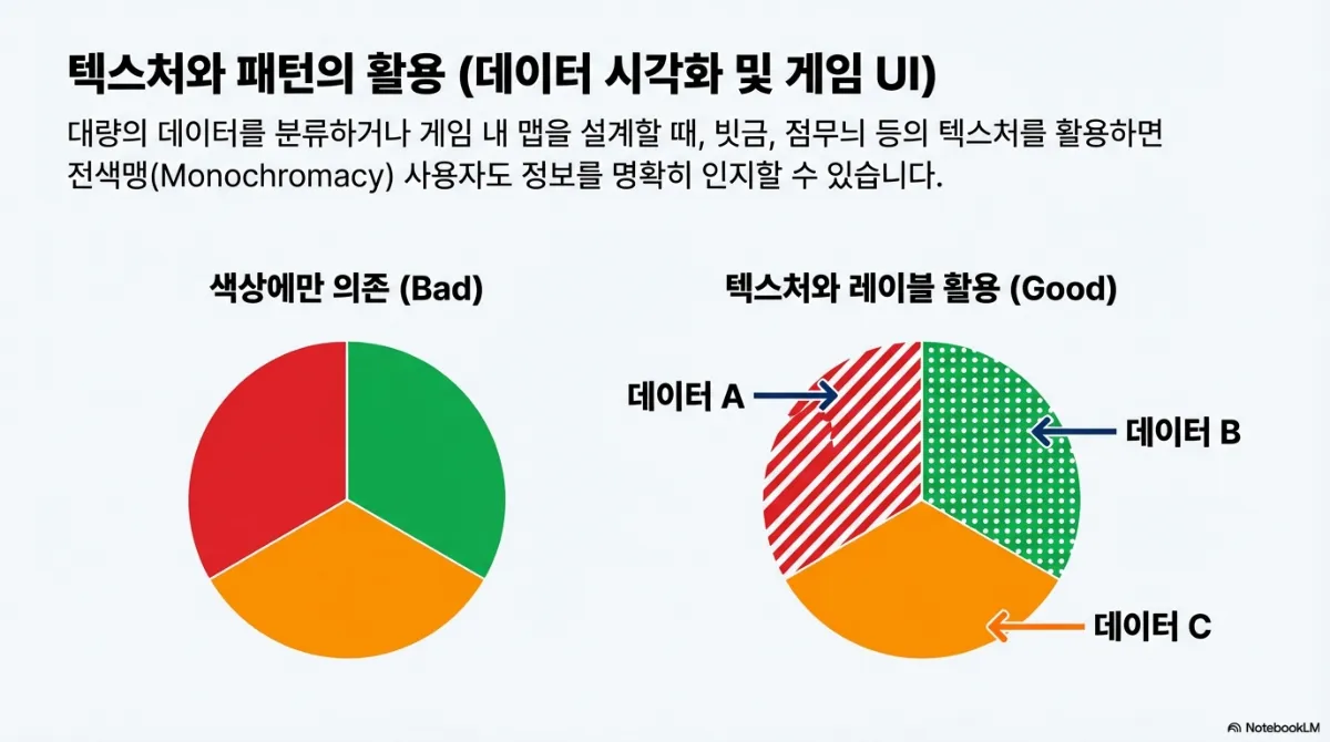 텍스처와 패턴의 활용 슬라이드. 왼쪽은 색상에만 의존한 3분할 원그래프(Bad), 오른쪽은 빗금과 점무늬 텍스처에 데이터 A·B·C 레이블을 붙인 원그래프(Good). 대량의 데이터를 분류하거나 게임 내 맵을 설계할 때 텍스처를 활용하면 전색맹 사용자도 정보를 명확히 인지할 수 있다는 설명