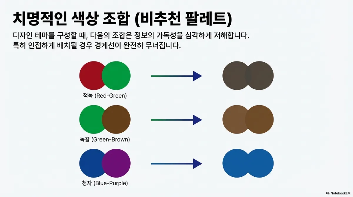 치명적인 색상 조합 슬라이드. 적녹(Red-Green), 녹갈(Green-Brown), 청자(Blue-Purple) 세 조합이 색각 이상 시야에서 각각 비슷한 갈색·갈색·파랑으로 뭉개지는 비교 그림. 특히 인접하게 배치될 경우 경계선이 완전히 무너진다는 설명