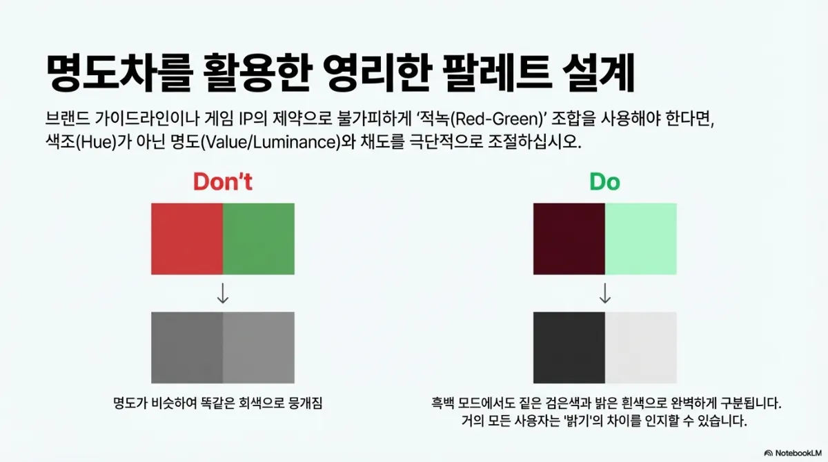 명도차를 활용한 팔레트 설계 슬라이드. Don't 쪽은 비슷한 밝기의 빨강과 초록이 흑백 변환 시 똑같은 회색으로 뭉개진다. Do 쪽은 아주 어두운 적색과 아주 밝은 연녹색을 써서 흑백 모드에서도 짙은 검은색과 밝은 흰색으로 완벽하게 구분된다. 거의 모든 사용자가 밝기 차이는 인지할 수 있다는 설명