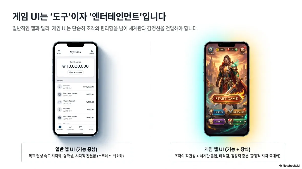 게임 UI는 도구이자 엔터테인먼트라는 슬라이드. 일반적인 앱과 달리 게임 UI는 단순히 조작의 편리함을 넘어 세계관과 감정선을 전달해야 한다는 설명. 왼쪽은 흰 바탕의 은행 앱 화면으로 일반 앱 UI(기능 중심) — 목표 달성 속도 최적화, 명확성, 시각적 간결함(스트레스 최소화). 오른쪽은 판타지 영웅과 START GAME, HEROES, EQUIPMENT, QUESTS, SHOP 버튼이 있는 게임 화면으로 게임 앱 UI(기능 + 장식) — 조작의 직관성 + 세계관 몰입, 타격감, 감정적 흥분(긍정적 자극 극대화)