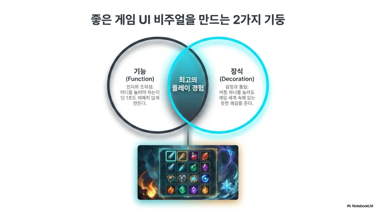좋은 게임 UI 비주얼을 만드는 2가지 기둥 벤 다이어그램. 기능(Function)은 인지와 조작성 — 어디를 눌러야 하는지 단 1초도 헤매지 않게 만든다. 장식(Decoration)은 감정과 몰입 — 버튼 하나를 눌러도 게임 세계 속에 있는 듯한 쾌감을 준다. 두 원이 겹치는 곳이 최고의 플레이 경험이며, 아래에 검·물약·보석 아이콘이 격자로 놓인 인벤토리 화면 예시