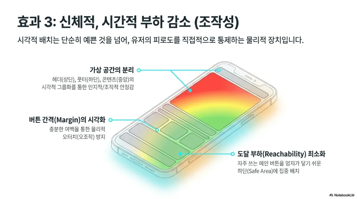 효과 3 신체적·시간적 부하 감소(조작성) 슬라이드. 시각적 배치는 단순히 예쁜 것을 넘어 유저의 피로도를 직접적으로 통제하는 물리적 장치라는 설명. 스마트폰 화면 위에 엄지 도달 범위를 빨강(닿기 어려움)부터 초록(닿기 쉬움)까지 히트맵으로 표시. 가상 공간의 분리 — 헤더(상단), 푸터(하단), 콘텐츠(중앙)의 시각적 그룹화를 통한 인지적·조작적 안정감. 버튼 간격(Margin)의 시각화 — 충분한 여백을 통한 물리적 오터치(오조작) 방지. 도달 부하(Reachability) 최소화 — 자주 쓰는 메인 버튼을 엄지가 닿기 쉬운 하단(Safe Area)에 집중 배치
