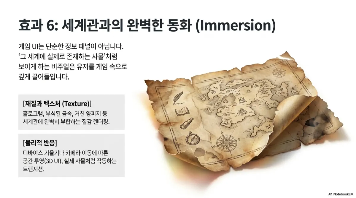 효과 6 세계관과의 완벽한 동화(Immersion) 슬라이드. 게임 UI는 단순한 정보 패널이 아니며, 그 세계에 실제로 존재하는 사물처럼 보이게 하는 비주얼은 유저를 게임 속으로 깊게 끌어들인다는 설명. 재질과 텍스처(Texture) — 홀로그램, 부식된 금속, 거친 양피지 등 세계관에 완벽히 부합하는 질감 렌더링. 물리적 반응 — 디바이스 기울기나 카메라 이동에 따른 공간 투영(3D UI), 실제 사물처럼 작동하는 트랜지션. 오른쪽은 가장자리가 그을린 양피지 지도에 나침반, 망원경, 책, 깃펜 아이콘이 그려진 이미지
