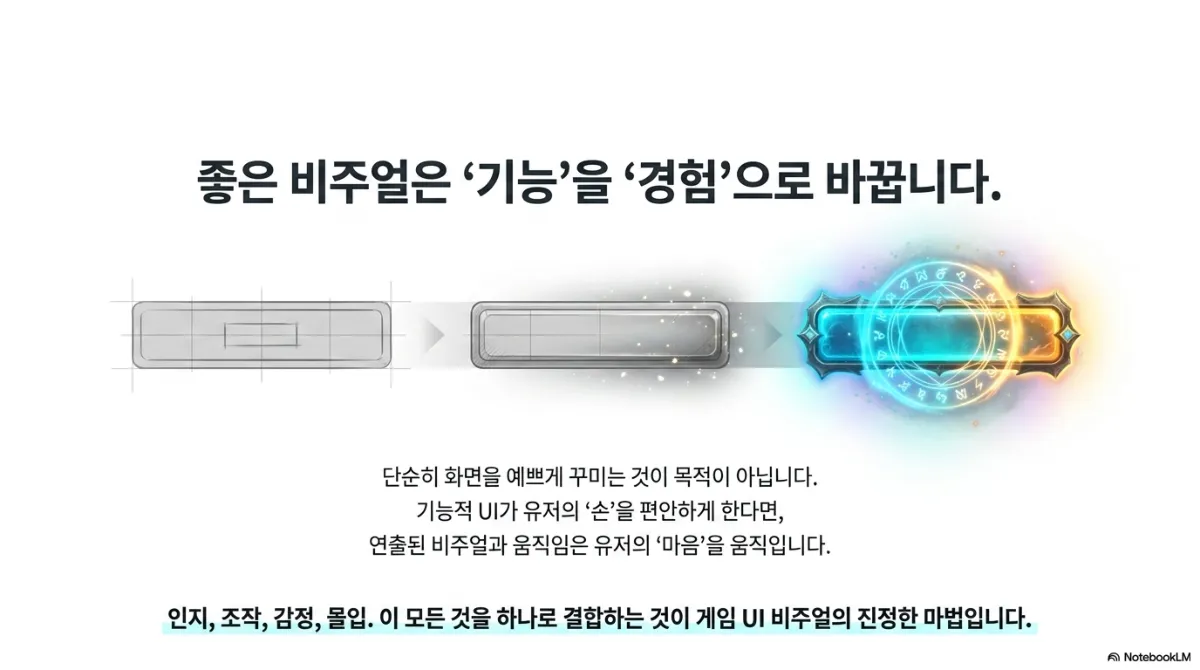 좋은 비주얼은 기능을 경험으로 바꾼다는 마무리 슬라이드. 격자선 위 회색 와이어프레임 버튼이 입체감 있는 은색 버튼으로, 다시 빛나는 마법진이 둘린 청록색 판타지 버튼으로 바뀌는 세 단계. 단순히 화면을 예쁘게 꾸미는 것이 목적이 아니며, 기능적 UI가 유저의 손을 편안하게 한다면 연출된 비주얼과 움직임은 유저의 마음을 움직인다는 설명. 인지, 조작, 감정, 몰입 이 모든 것을 하나로 결합하는 것이 게임 UI 비주얼의 진정한 마법이라는 결론