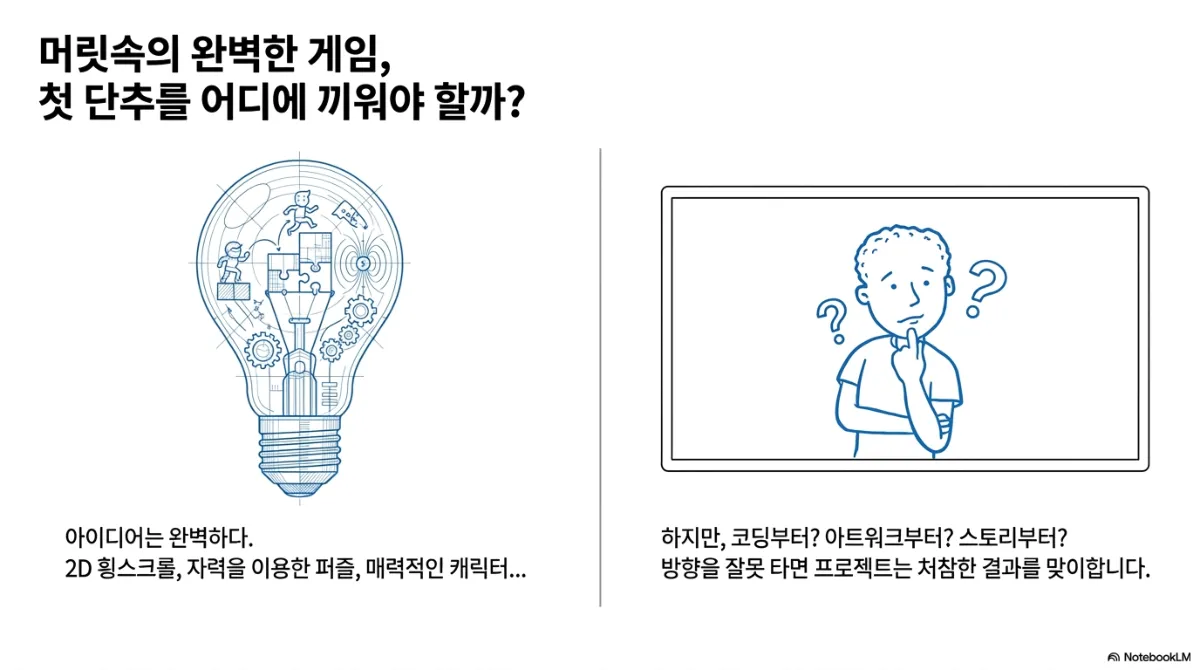 머릿속의 완벽한 게임, 첫 단추를 어디에 끼워야 할까 슬라이드. 왼쪽은 달리는 캐릭터, 퍼즐 조각, 자석, 톱니바퀴가 담긴 전구 그림과 함께 아이디어는 완벽하다, 2D 횡스크롤, 자력을 이용한 퍼즐, 매력적인 캐릭터라는 문장. 오른쪽은 물음표를 띄운 채 고민하는 사람 그림과 함께 코딩부터인가, 아트워크부터인가, 스토리부터인가, 방향을 잘못 타면 프로젝트는 처참한 결과를 맞는다는 문장