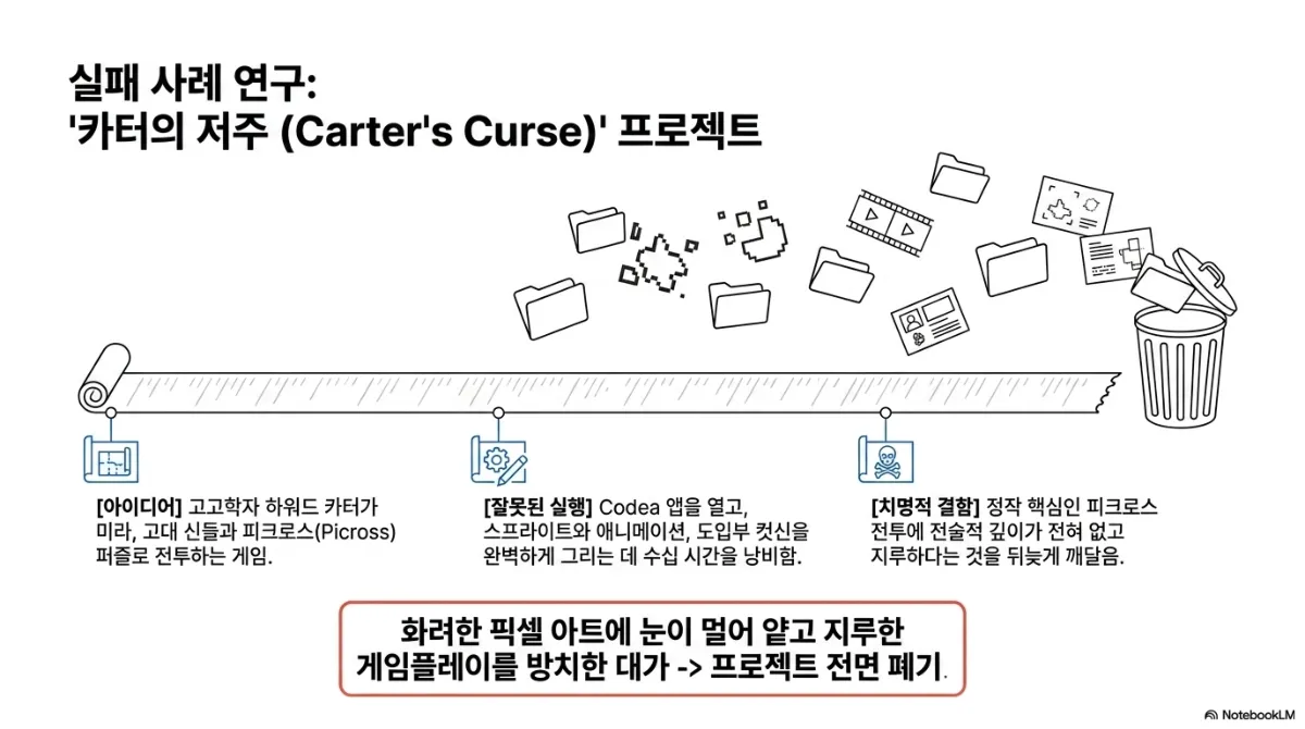 실패 사례 연구: 카터의 저주(Carter's Curse) 프로젝트 슬라이드. 두루마리 타임라인이 쓰레기통으로 이어지고 폴더, 픽셀 아트, 필름 조각이 버려지는 그림. 아이디어 — 고고학자 하워드 카터가 미라, 고대 신들과 피크로스(Picross) 퍼즐로 전투하는 게임. 잘못된 실행 — Codea 앱을 열고 스프라이트와 애니메이션, 도입부 컷신을 완벽하게 그리는 데 수십 시간을 낭비함. 치명적 결함 — 정작 핵심인 피크로스 전투에 전술적 깊이가 전혀 없고 지루하다는 것을 뒤늦게 깨달음. 결론은 화려한 픽셀 아트에 눈이 멀어 얕고 지루한 게임플레이를 방치한 대가로 프로젝트 전면 폐기