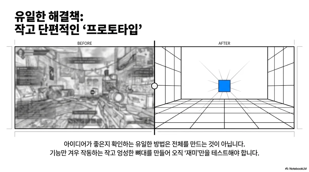유일한 해결책: 작고 단편적인 프로토타입 슬라이드. BEFORE는 UI와 배경이 빽빽한 완성형 슈팅 게임 화면을 흐리게 처리한 이미지, AFTER는 격자 바닥의 빈 방 가운데 파란 네모 하나만 있는 화면. 아이디어가 좋은지 확인하는 유일한 방법은 전체를 만드는 것이 아니라, 기능만 겨우 작동하는 작고 엉성한 뼈대를 만들어 오직 재미만을 테스트하는 것이라는 설명