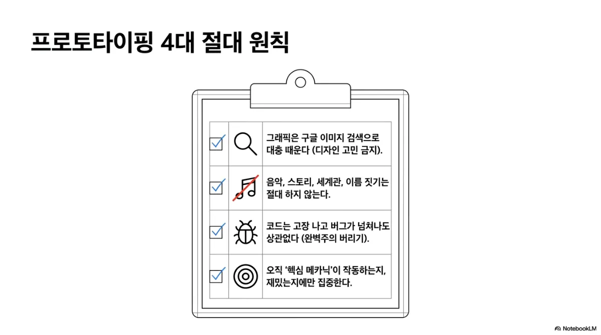 프로토타이핑 4대 절대 원칙 체크리스트. 1 그래픽은 구글 이미지 검색으로 대충 때운다(디자인 고민 금지). 2 음악, 스토리, 세계관, 이름 짓기는 절대 하지 않는다. 3 코드는 고장 나고 버그가 넘쳐나도 상관없다(완벽주의 버리기). 4 오직 핵심 메카닉이 작동하는지, 재밌는지에만 집중한다. 클립보드에 돋보기, 줄 그은 음표, 벌레, 과녁 아이콘과 체크 표시