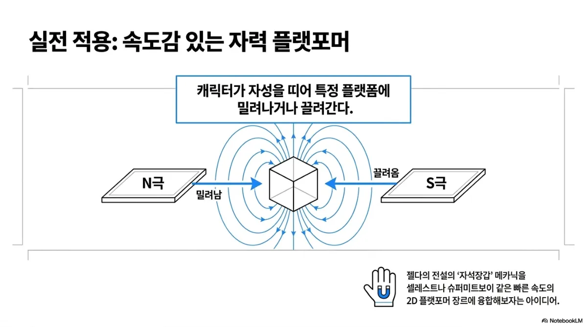 실전 적용: 속도감 있는 자력 플랫포머 슬라이드. 캐릭터가 자성을 띠어 특정 플랫폼에 밀려나거나 끌려간다는 콘셉트. N극 플랫폼에서는 밀려나고 S극 플랫폼으로는 끌려오는 정육면체와 자기력선 그림. 젤다의 전설의 자석장갑 메카닉을 셀레스트나 슈퍼미트보이 같은 빠른 속도의 2D 플랫포머 장르에 융합해 보자는 아이디어