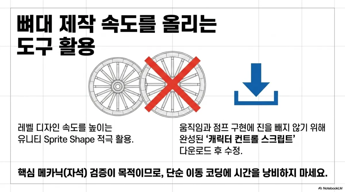 뼈대 제작 속도를 올리는 도구 활용 슬라이드. 바퀴 두 개 중 하나에 X 표시(바퀴를 다시 발명하지 말 것)와 다운로드 아이콘. 레벨 디자인 속도를 높이는 유니티 Sprite Shape 적극 활용, 움직임과 점프 구현에 진을 빼지 않기 위해 완성된 캐릭터 컨트롤 스크립트를 내려받아 수정. 핵심 메카닉(자석) 검증이 목적이므로 단순 이동 코딩에 시간을 낭비하지 말라는 설명